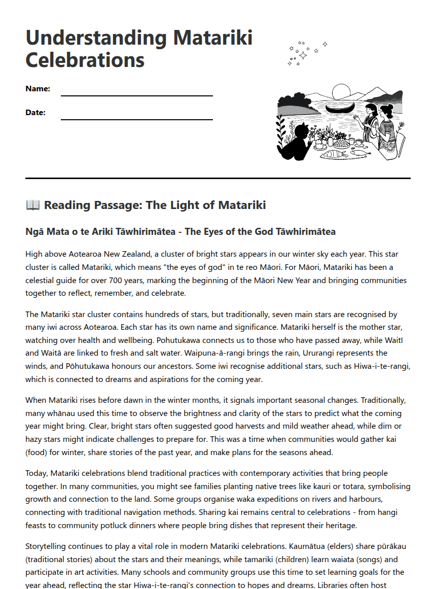 Understanding Matariki Celebrations worksheet preview