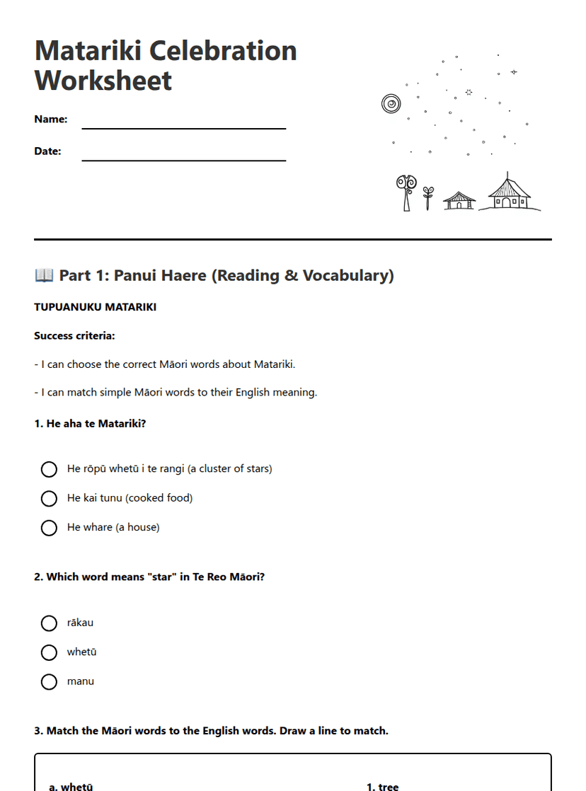 Matariki Celebration Worksheet