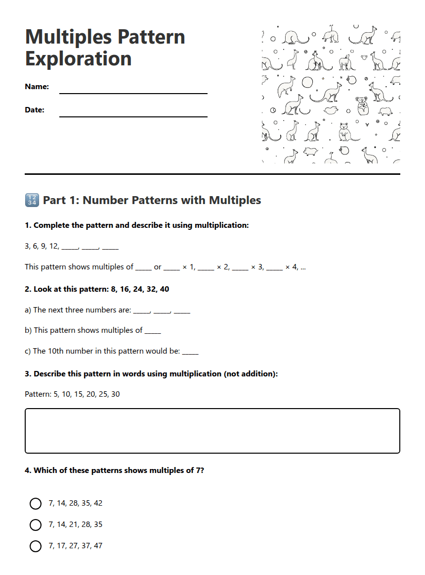Multiples Pattern Exploration worksheet preview