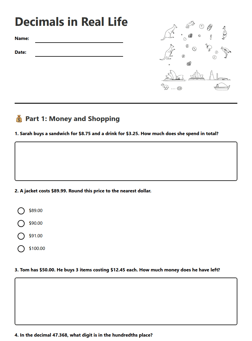 Decimals in Real Life worksheet preview