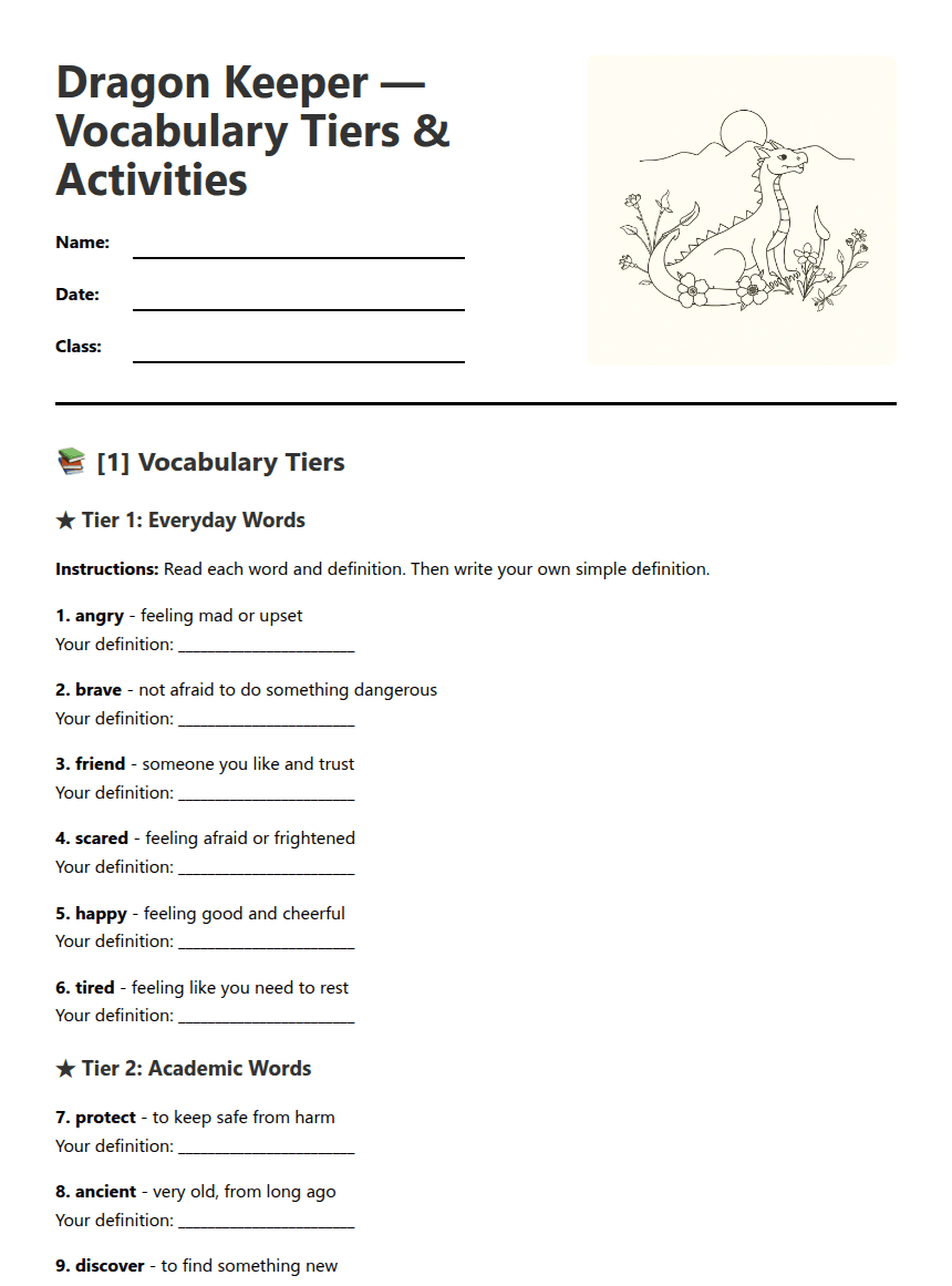 Dragon Keeper Vocabulary Worksheet worksheet preview