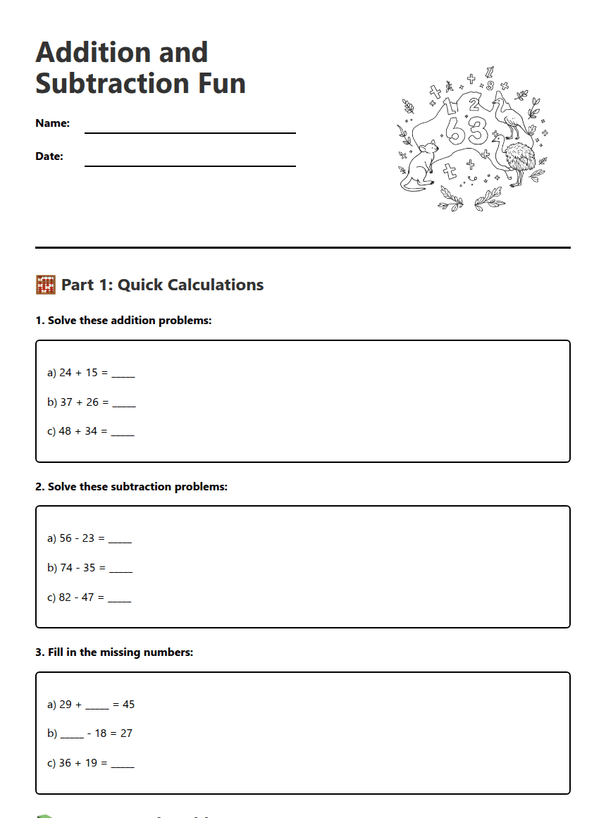 Addition and Subtraction Fun worksheet preview