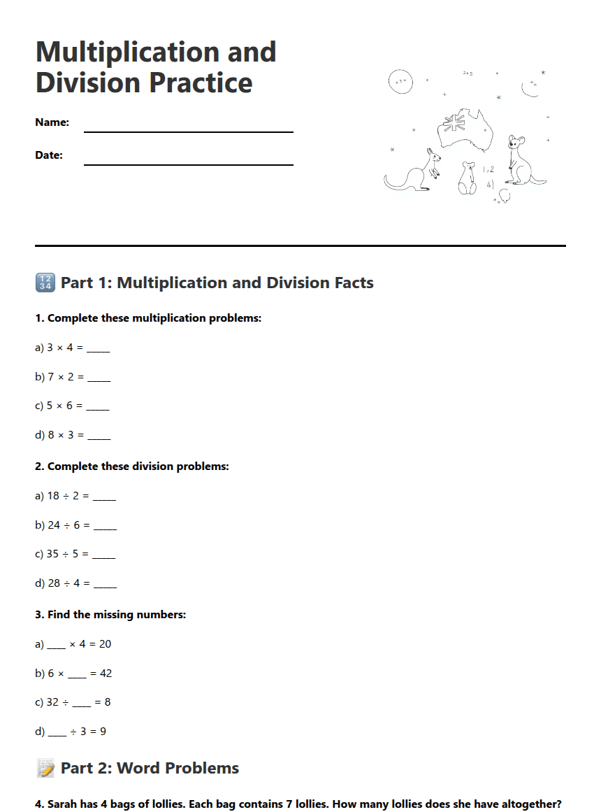 Multiplication and Division Practice worksheet preview