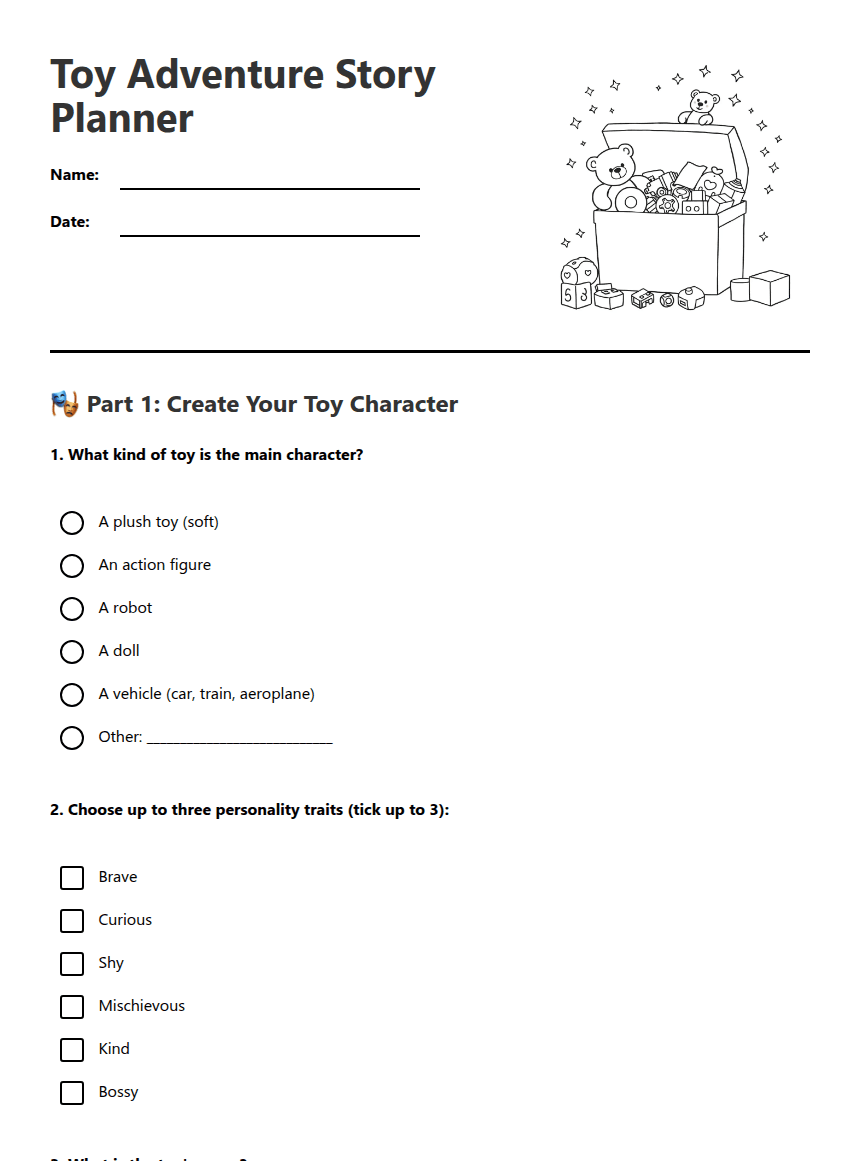 Toy Adventure Story Planner worksheet preview