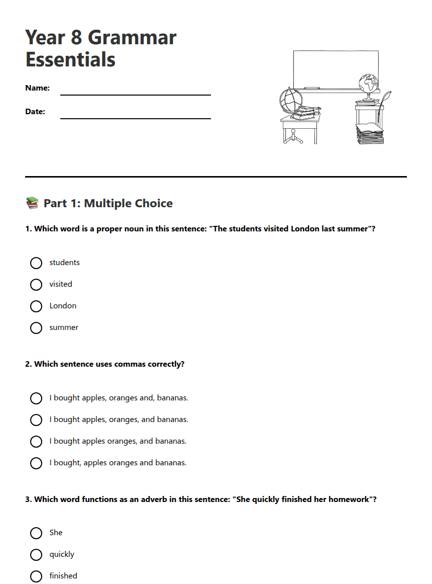Year 8 Grammar Essentials worksheet preview