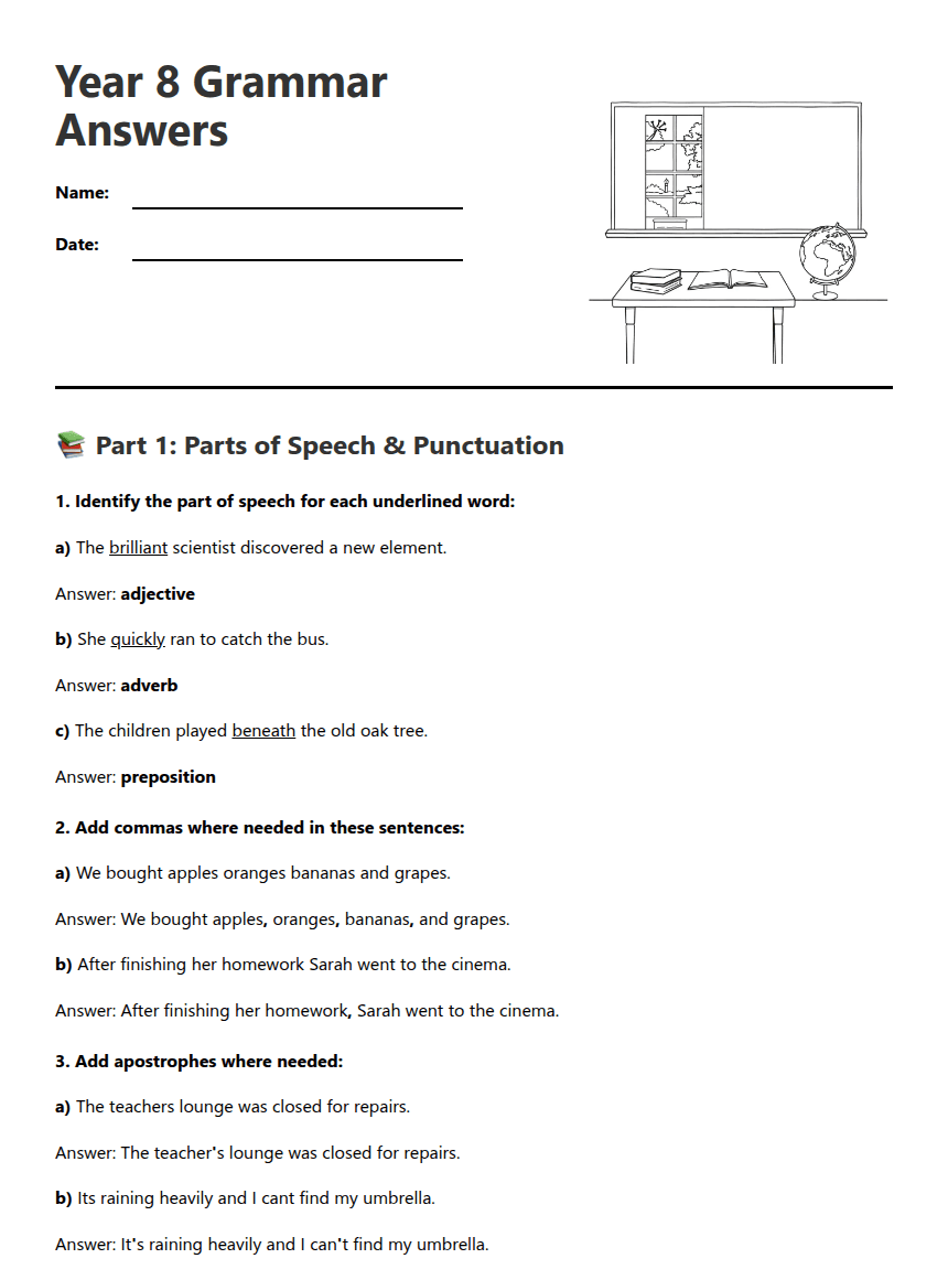 Year 8 Grammar Answers worksheet preview