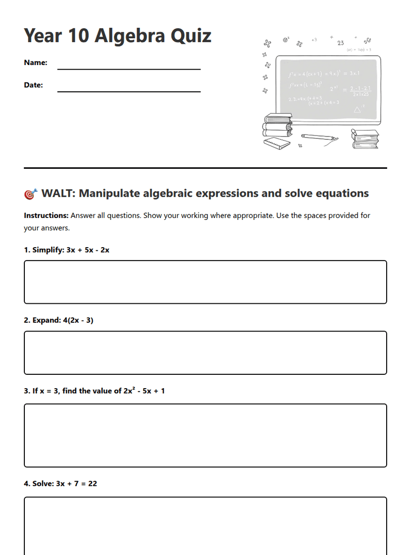Year 10 Algebra Quiz