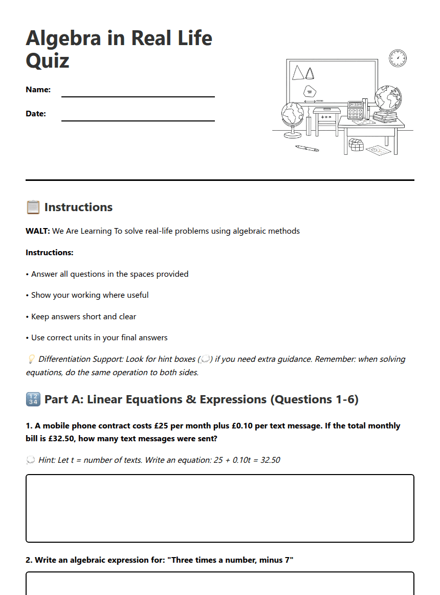 Algebra in Real Life Quiz worksheet preview