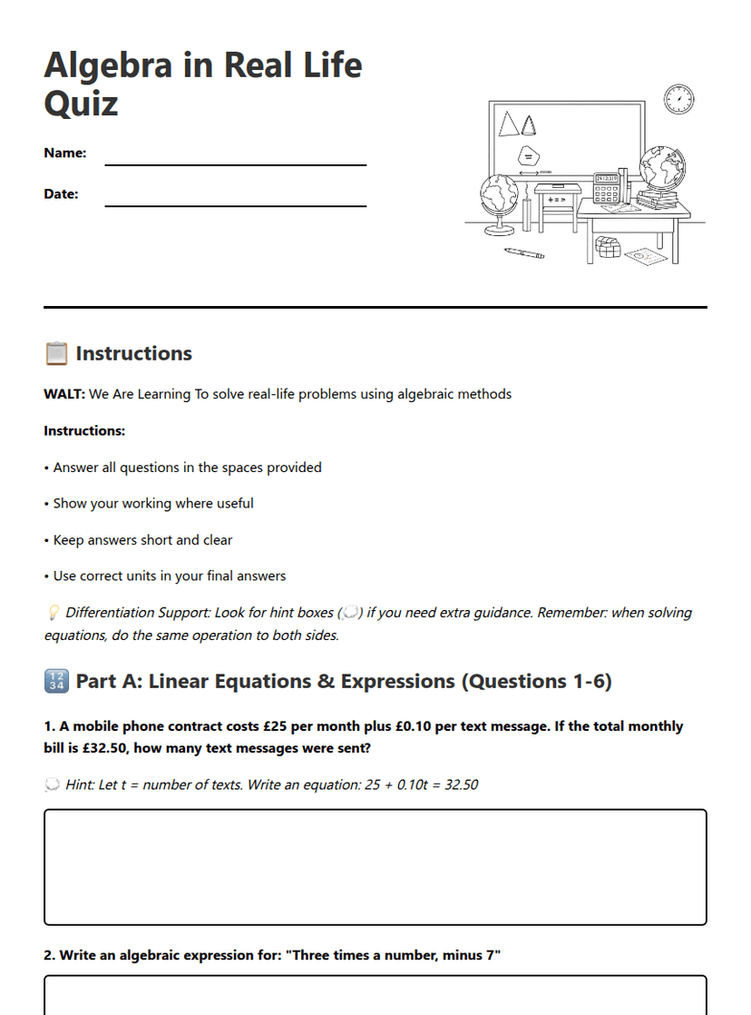 Algebra in Real Life Quiz