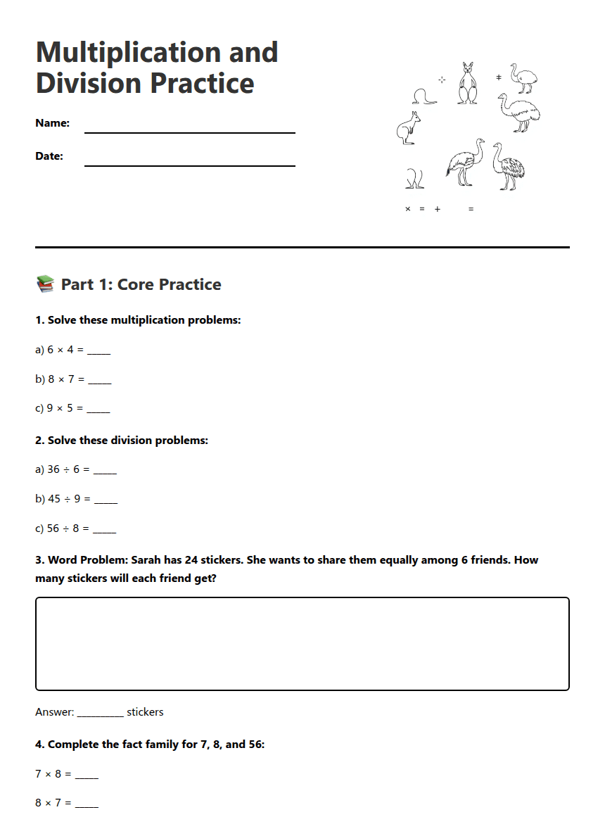 Multiplication and Division Practice worksheet preview