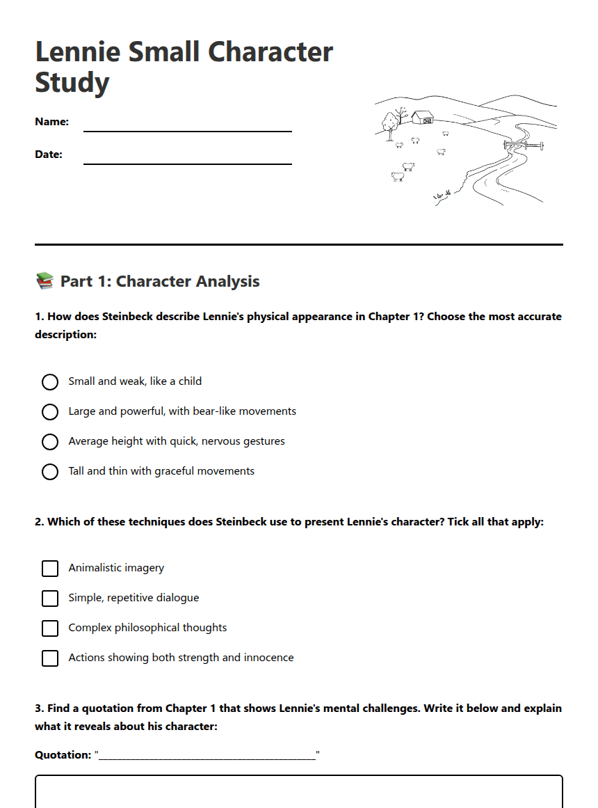 Lennie Small Character Study worksheet preview