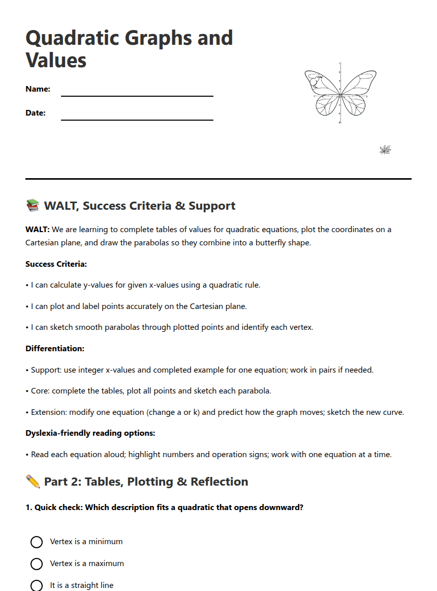 Quadratic Graphs and Values worksheet preview