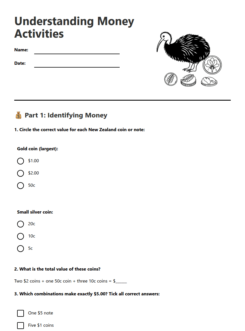 Understanding Money Activities worksheet preview