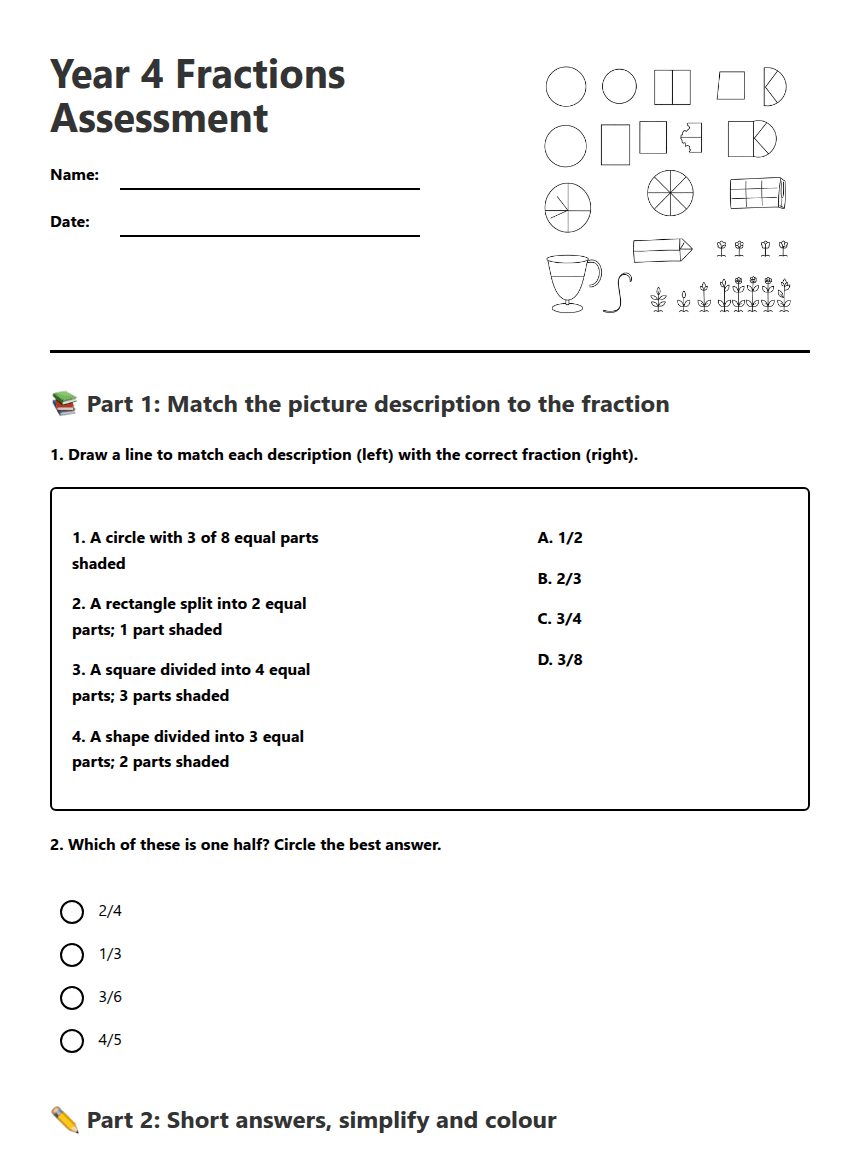 Year 4 Fractions Assessment worksheet preview