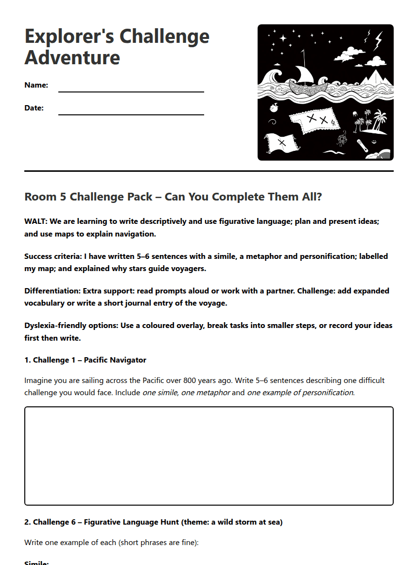 Explorer's Challenge Adventure worksheet preview