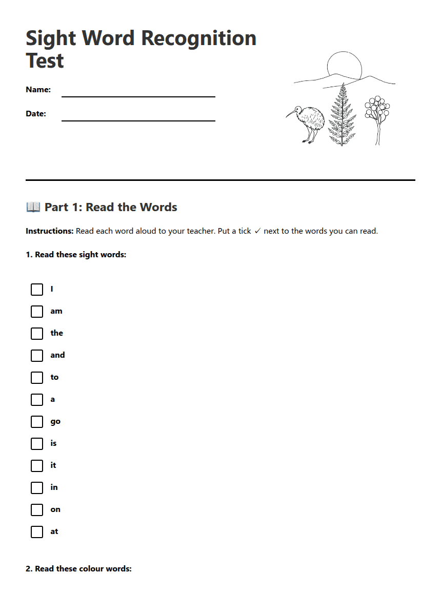 Sight Word Recognition Test worksheet preview