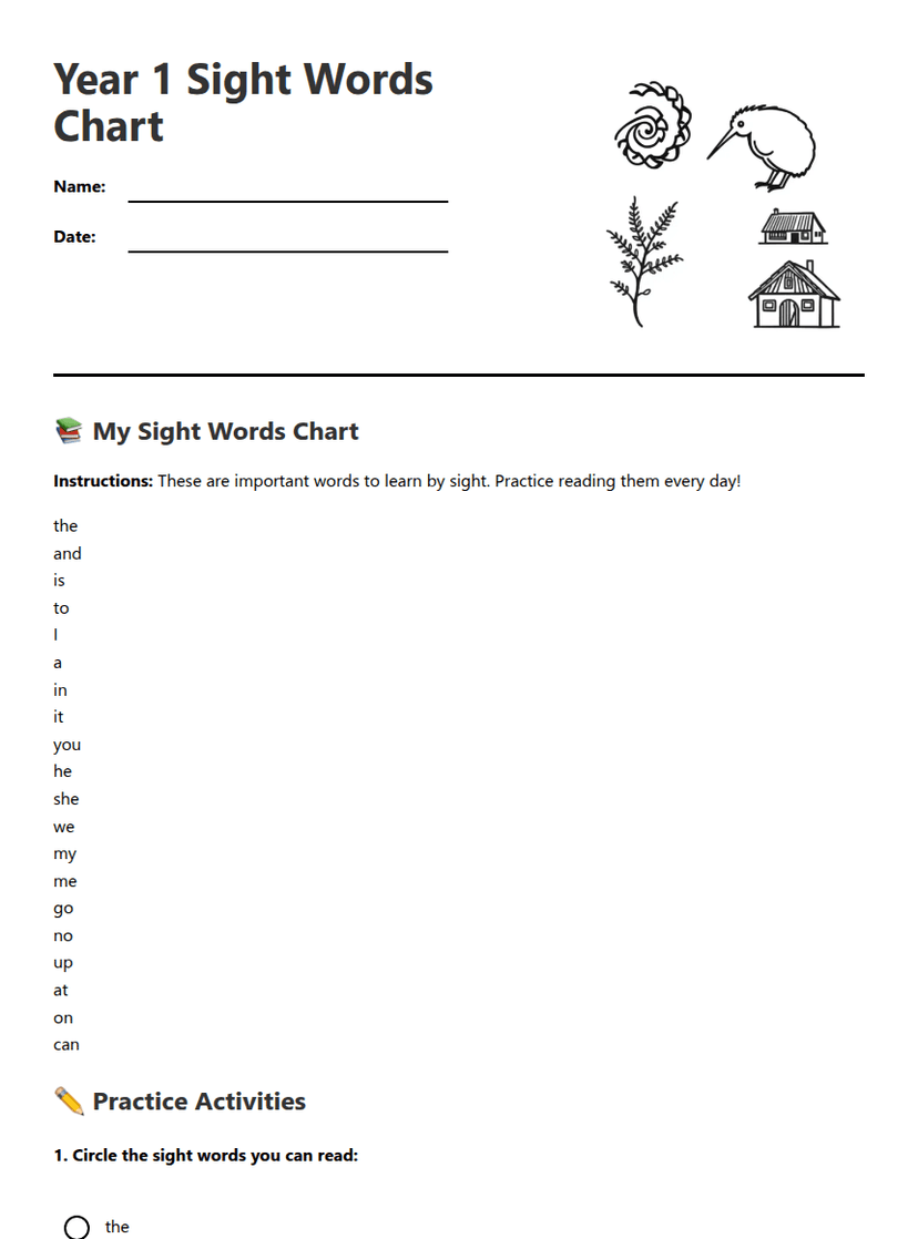 Year 1 Sight Words Chart