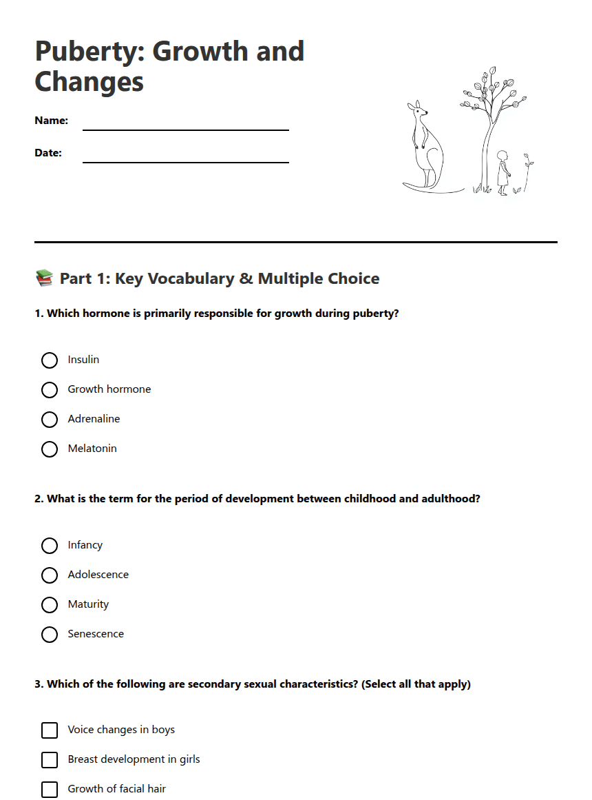 Puberty: Growth and Changes worksheet preview