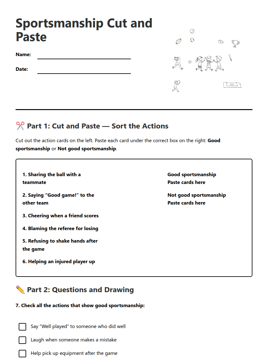 Sportsmanship Cut and Paste worksheet preview