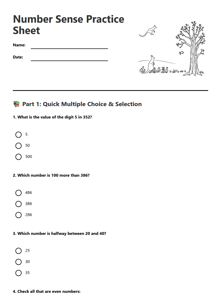 Number Sense Practice Sheet worksheet preview