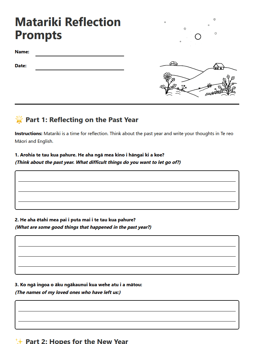 Matariki Reflection Prompts worksheet preview