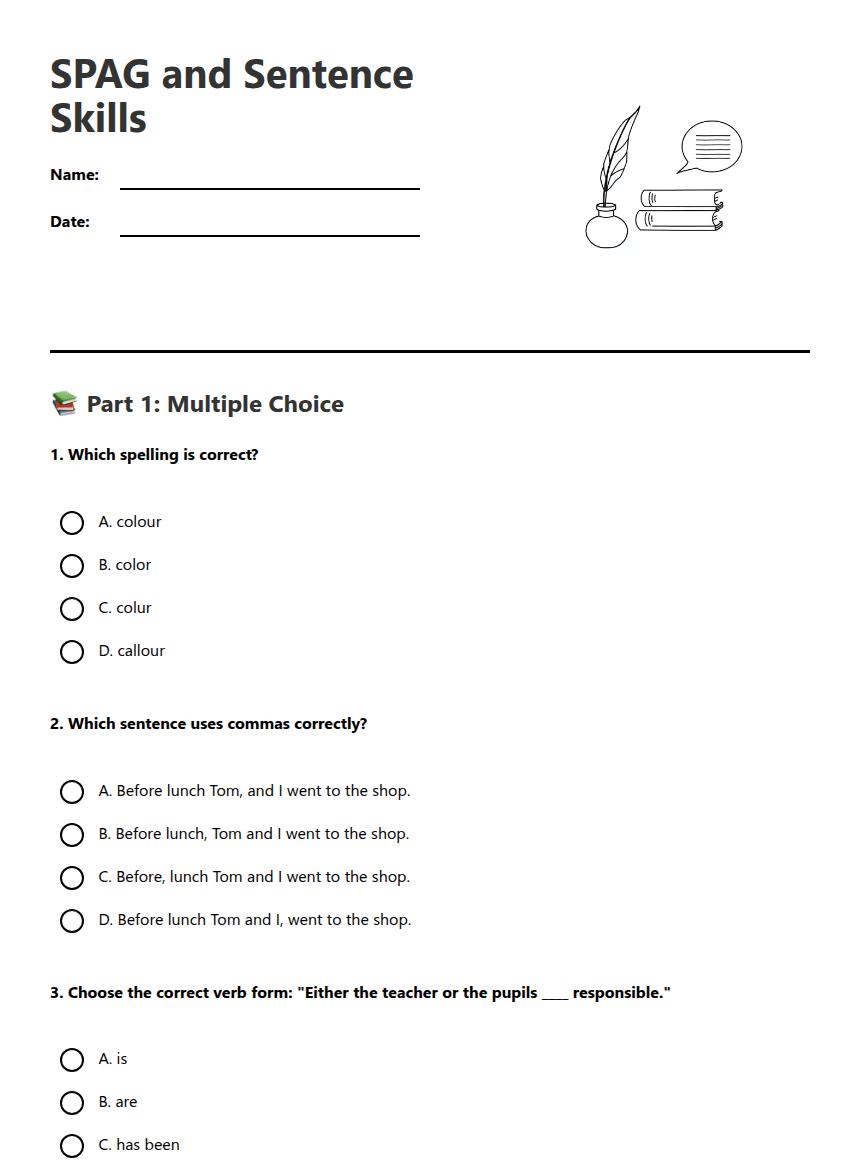 SPAG and Sentence Skills worksheet preview