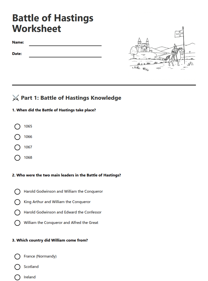 Battle of Hastings Worksheet worksheet preview