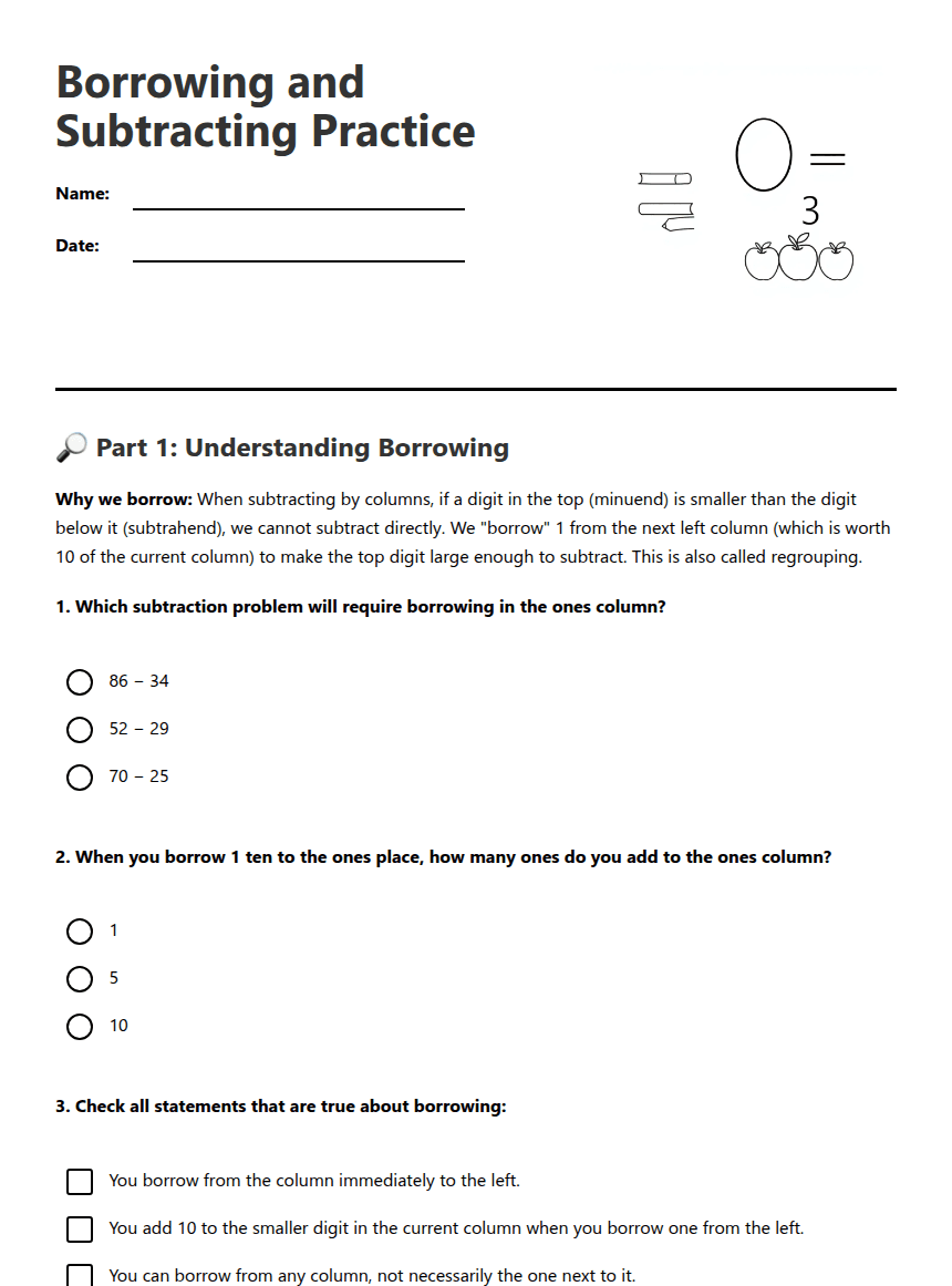 Borrowing and Subtracting Practice worksheet preview
