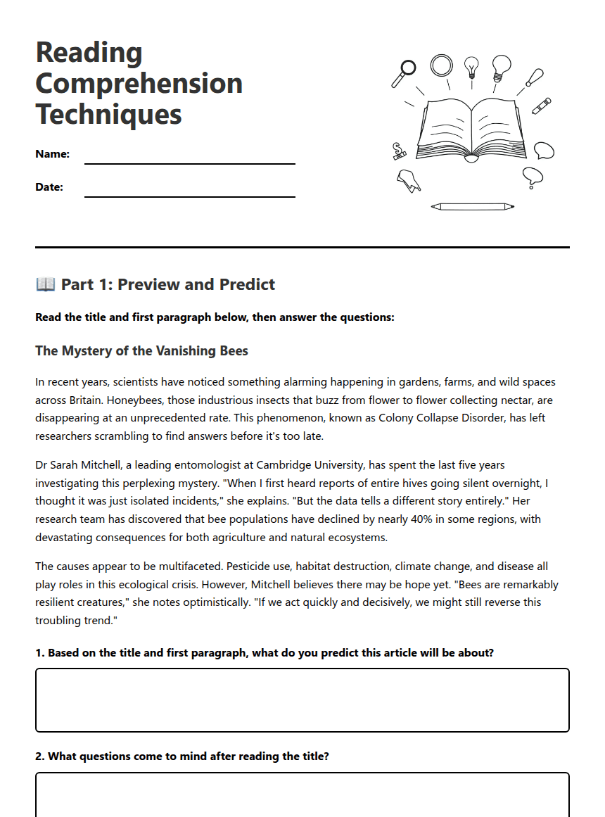 Reading Comprehension Techniques worksheet preview