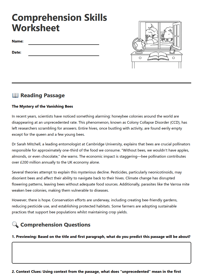 Comprehension Skills Worksheet worksheet preview