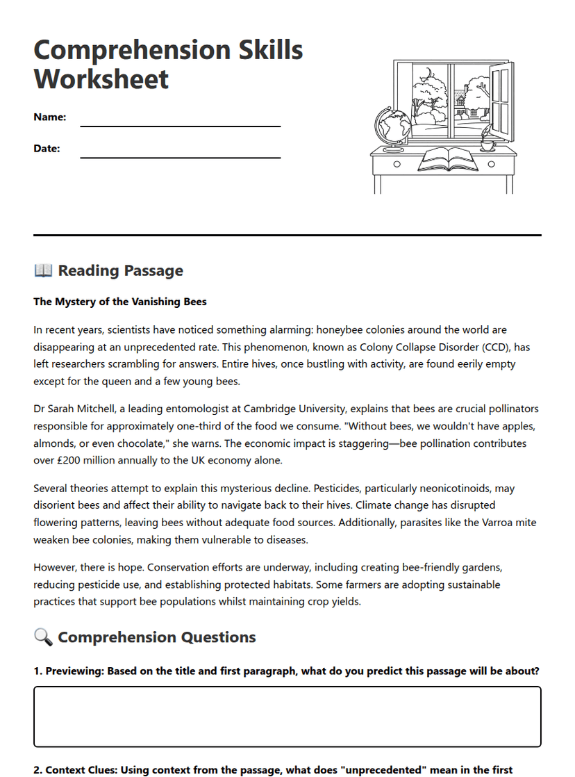 Comprehension Skills Worksheet