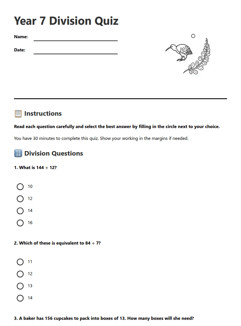 Year 7 Division Quiz