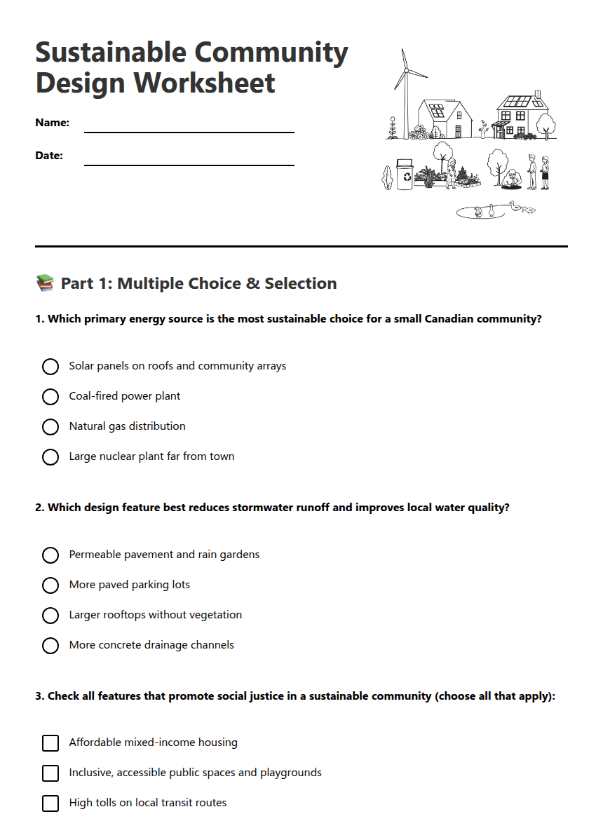 Sustainable Community Design Worksheet worksheet preview
