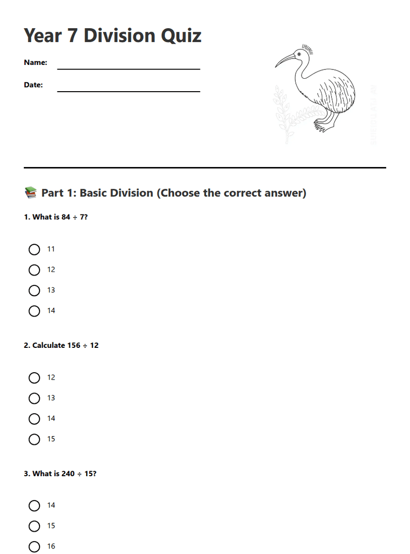 Year 7 Division Quiz