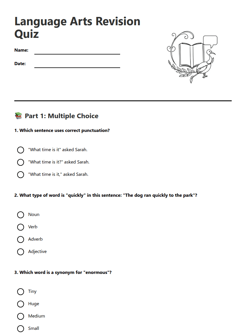 Language Arts Revision Quiz worksheet preview