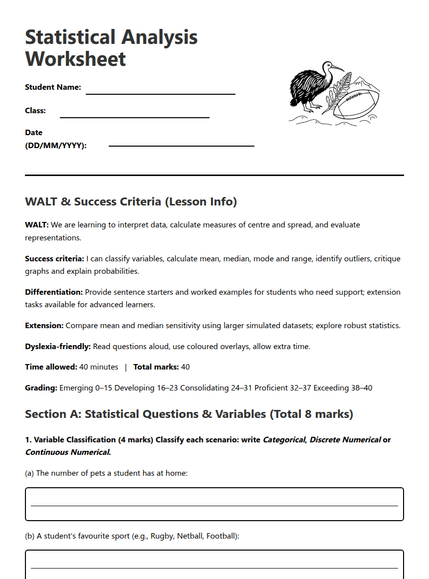 Statistical Analysis Worksheet worksheet preview