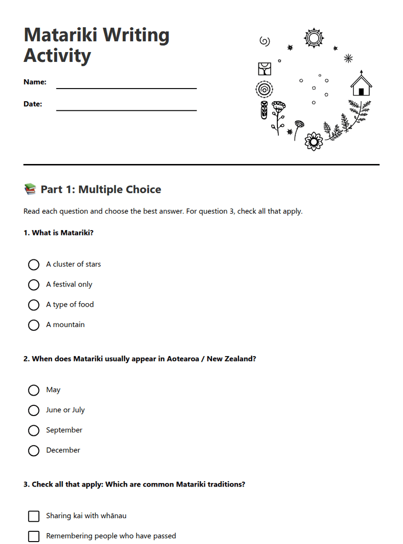 Matariki Writing Activity