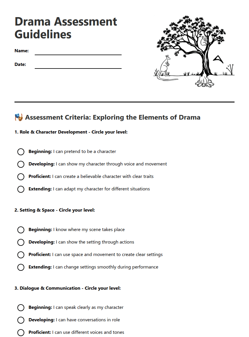 Drama Assessment Guidelines worksheet preview