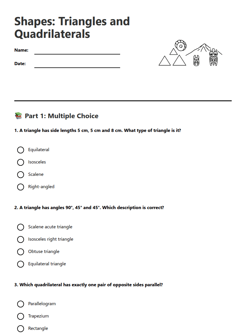Shapes: Triangles and Quadrilaterals worksheet preview
