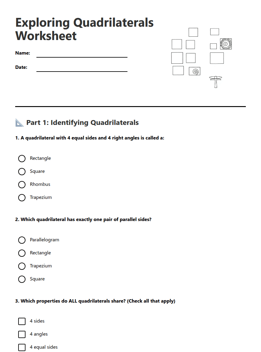 Exploring Quadrilaterals Worksheet worksheet preview