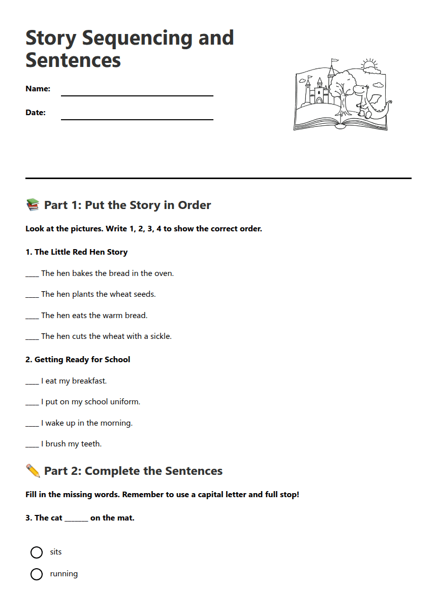 Story Sequencing and Sentences worksheet preview