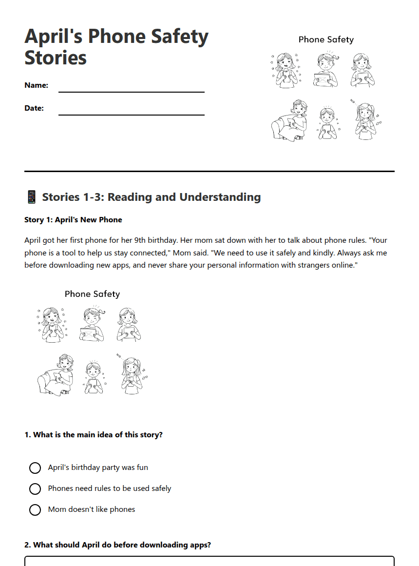 Phone Safety Stories worksheet preview