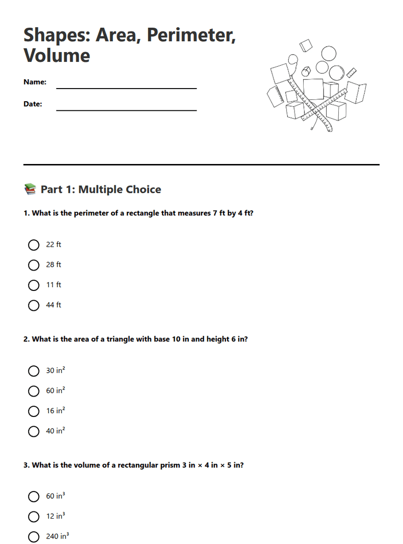 Shapes: Area, Perimeter, Volume