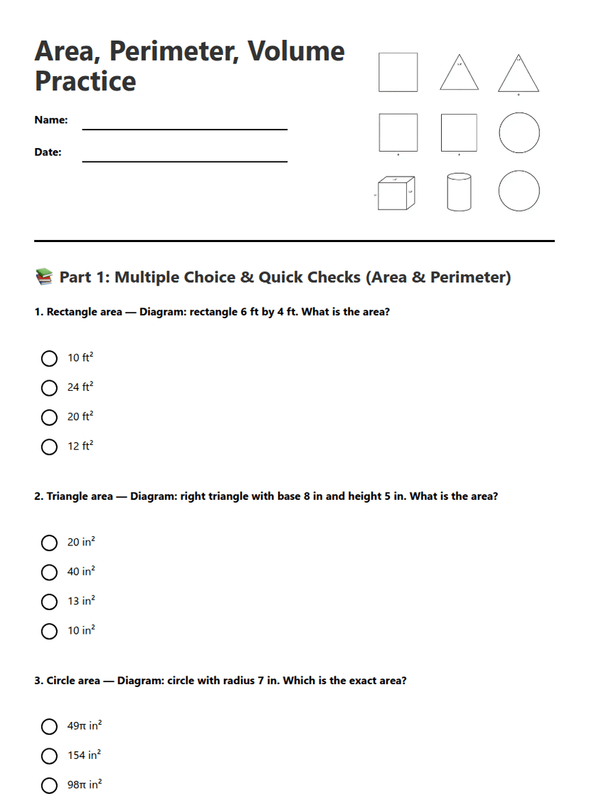 Area, Perimeter, Volume Practice