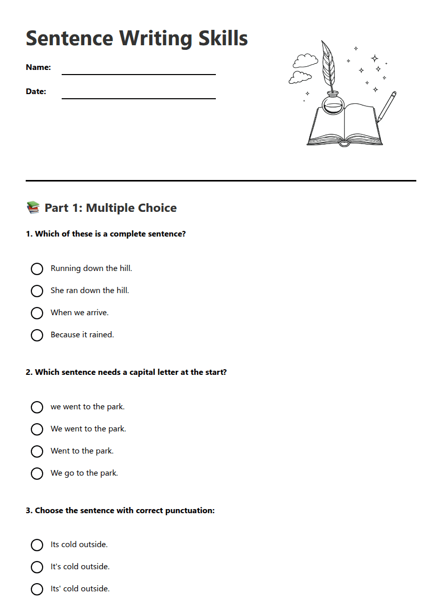 Sentence Writing Skills worksheet preview