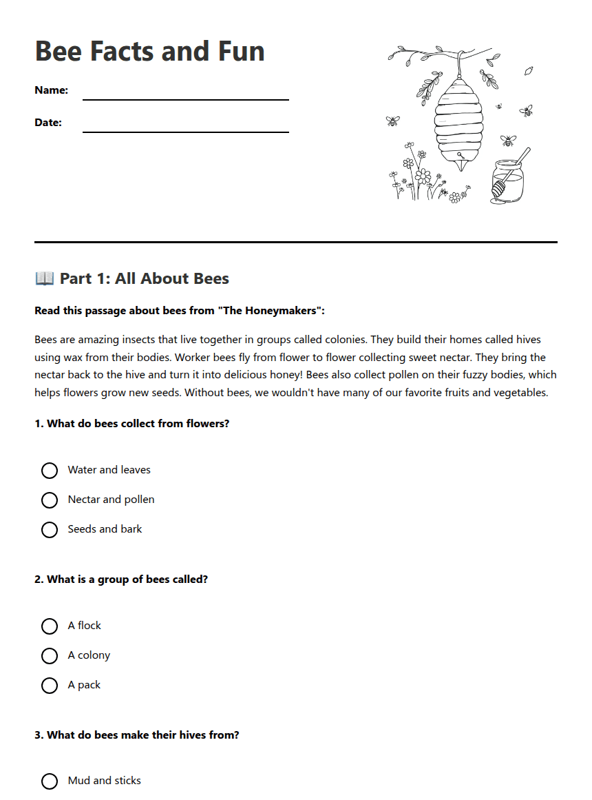 Bee Facts and Fun worksheet preview