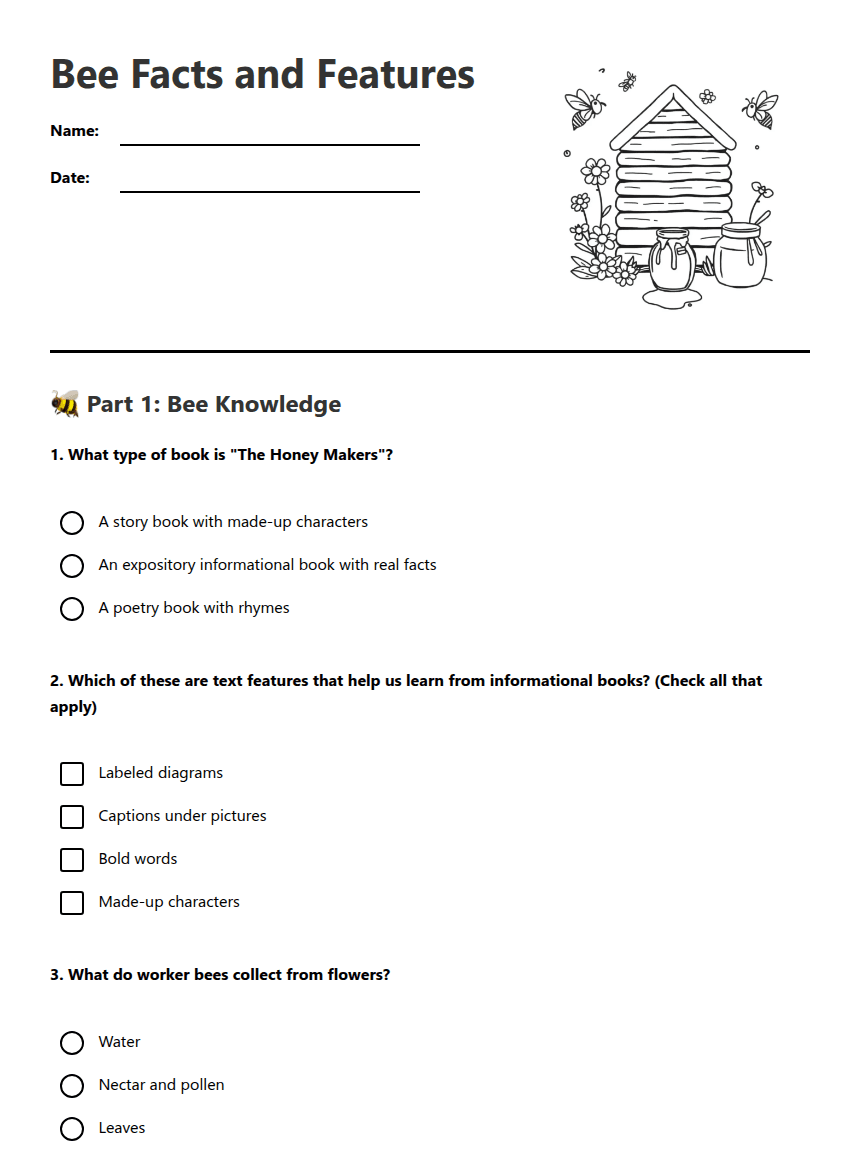 Bee Facts and Features worksheet preview