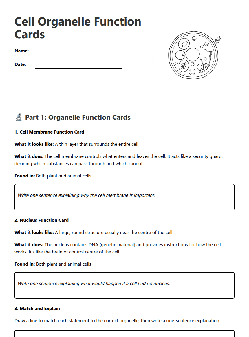 Cell Organelle Function Cards worksheet preview