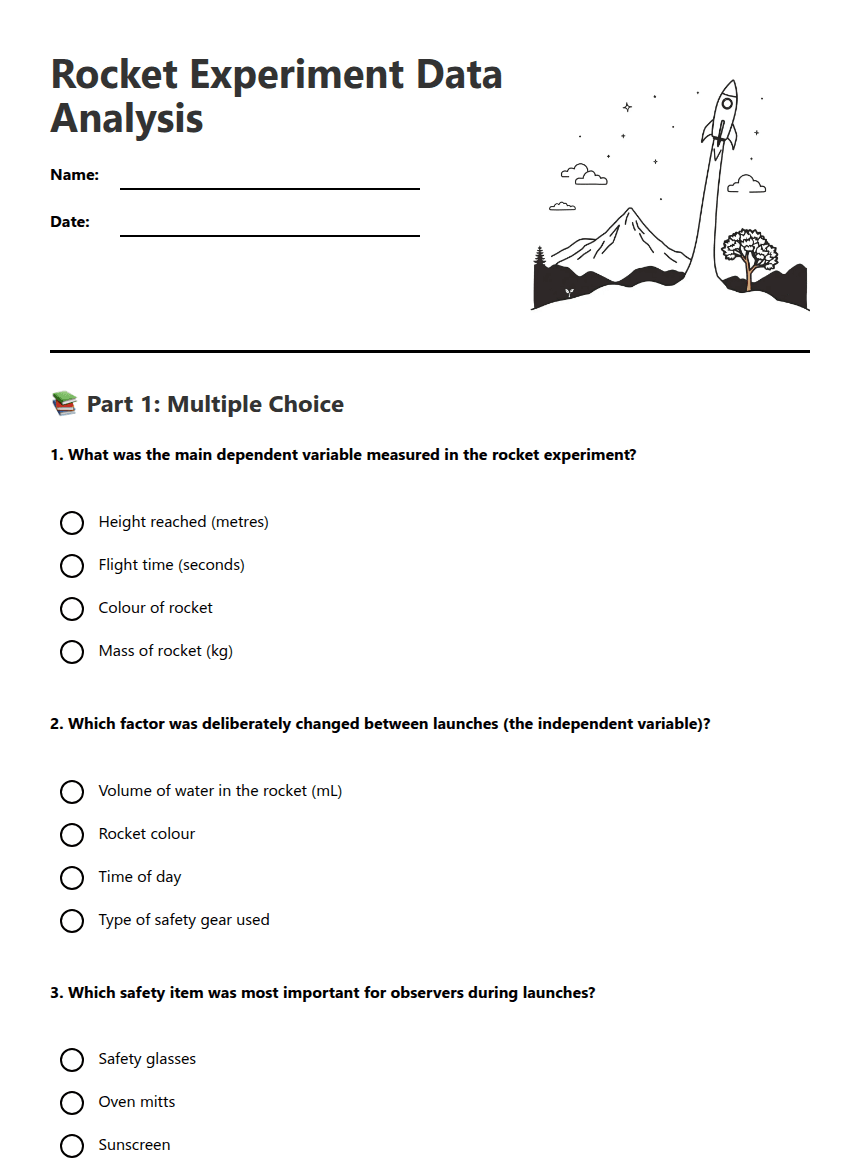 Rocket Experiment Data Analysis worksheet preview