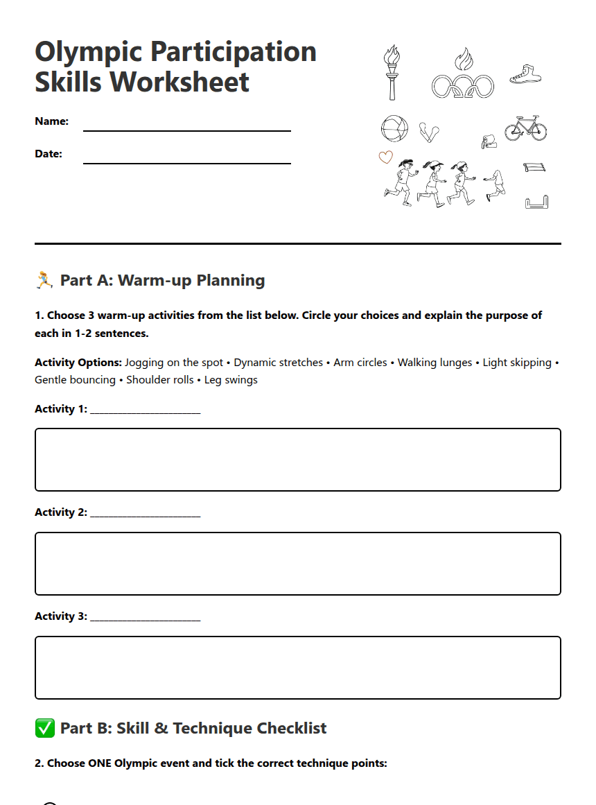 Olympic Participation Skills Worksheet worksheet preview